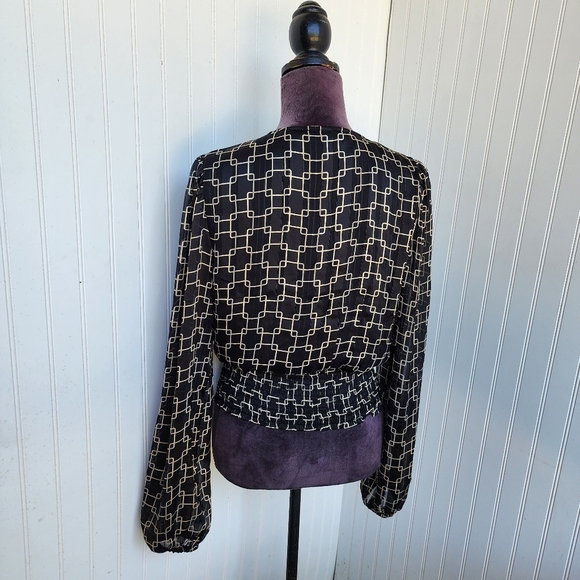 NWT Haver London Top Womens Black Beige Gold Flowy Puff Sleeve Smocked Waist S - Picture 8 of 15